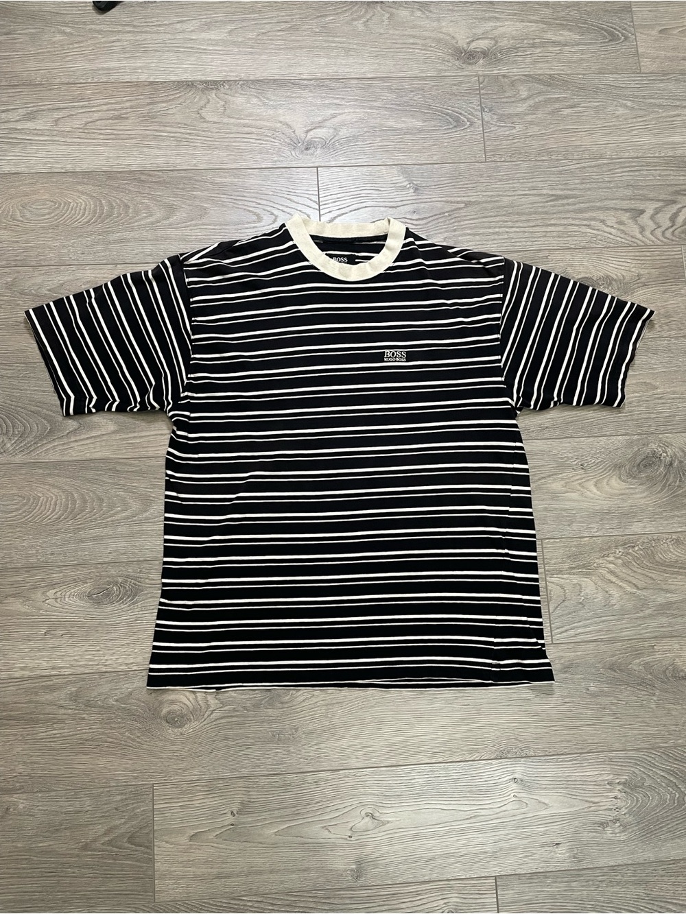 Vintage Hugo Boss Striped T-Shirt Black White Distressed Ringer Crewneck Size XL